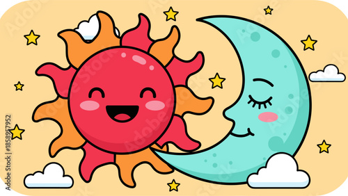 Cartoon illustration of a smiling sun and a sleeping moon surrounded by stars and clouds.