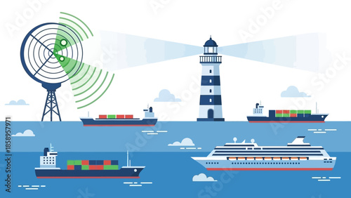 Maritime illustration of cargo ships sailing near a lighthouse with a radar system against a white sky with clouds.
