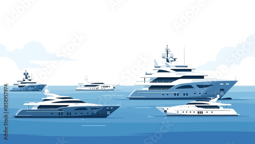 Illustration of several luxury yachts and boats floating on calm blue waters in a serene maritime scene with a clear sky and soft clouds.