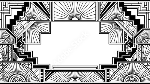 Vintage Art Deco Geometric Border Design with Sunbursts and Symmetrical Line Art Patterns