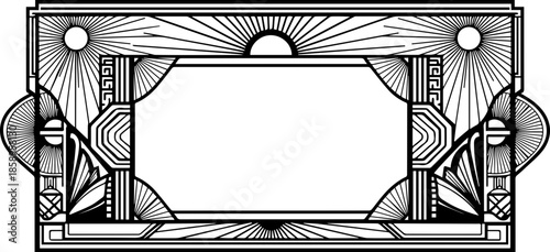 Horizontal Art Deco Frame with Sun Motifs and Intricate Geometric Patterns for Retro Stationery