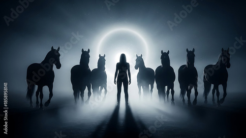 A powerful silhouette of a person standing amidst a herd of wild horses under a dramatic moonlit sky.