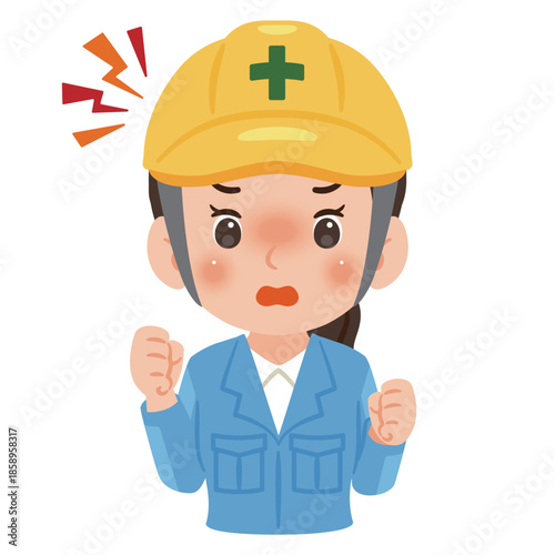 作業服を着てヘルメットを被った怒る女性　上半身イラスト／Angry woman wearing work clothes and a safety helmet, upper body illustration