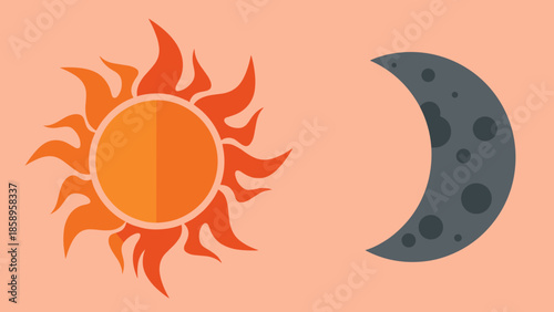 Illustration of a sun with flames and a crescent moon with craters on a peach background.