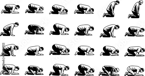 Black and White Glyph Icon Set of Man in Religious Prayer and Kneeling Poses, illustrating Islamic Worship and Spirituality Concepts