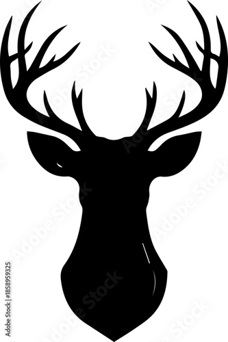 Majestic deer head silhouette with antlers, perfect for rustic designs, wildlife conservation, and outdoor adventure branding, originally vector art