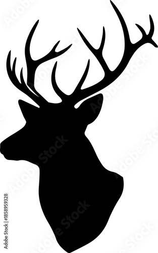 Majestic deer head silhouette with striking antlers, perfect for rustic designs, wildlife themes, or outdoorsy branding; originally a scalable vector graphic