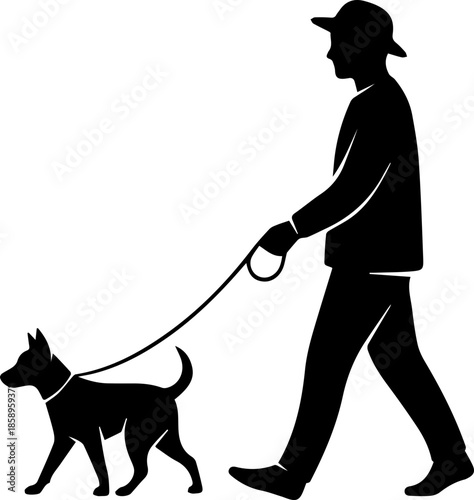 Stylized silhouette of person walking dog, promoting pet adoption and healthy outdoor lifestyle, perfect for animal shelters and pet care brands