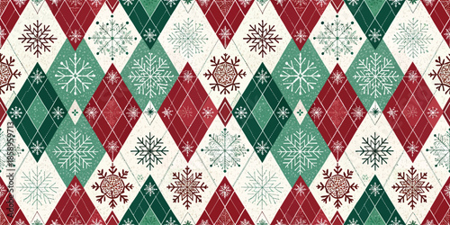 Festive holiday pattern featuring green, red, and white diamonds with snowflakes, perfect for winter occasions.