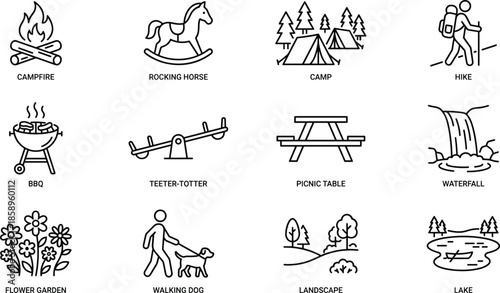 Outdoor recreation icons set line style camping hiking picnic nature activities summer travel outline vector symbols isolated design
