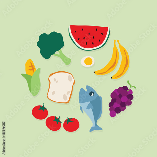 Flat vector illustration of healthy food collection featuring fruits, vegetables, fish, egg, and bread on green background. Healthy lifestyle concept with organic food icons including broccoli