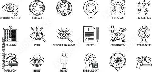 Ophthalmology eye care line icons set, vision health glaucoma presbyopia clinic diagnosis surgery outline vector illustration medical healthcare optics treatment