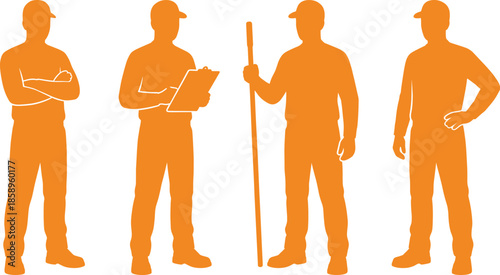 Construction Worker Silhouette Set in Orange Showing Different Standing Poses with Tools Isolated Professional Labor Industry Concept Illustration