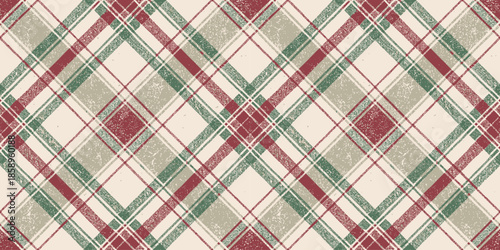 Festive plaid pattern featuring green, red, and cream hues, perfect for seasonal decor.