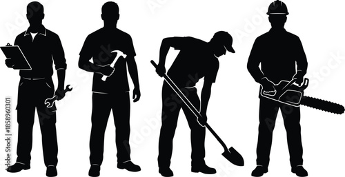 Construction worker silhouettes using different tools isolated on white background representing skilled labor workforce industry safety teamwork