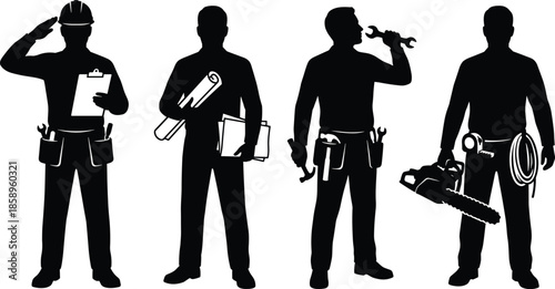 Construction worker silhouettes with tools and equipment isolated on white background representing skilled labor workforce industry safety concept
