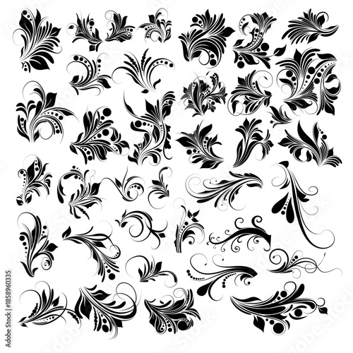 A collection of intricate black floral patterns and swirls on a white background