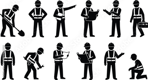 Construction Workers Silhouette Set Showing Planning Pointing Digging Repair and Tool Carrying Isolated Black Safety Vest Industry Concept Illustration