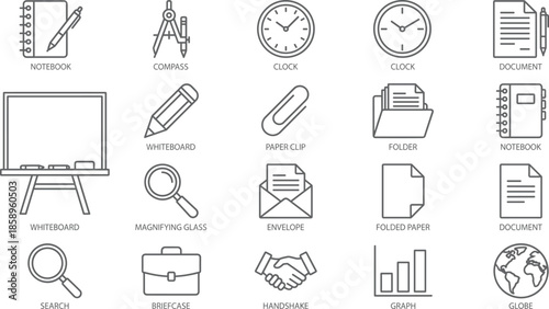 Office education and business line icons set for productivity documents planning time management communication outline vector symbols collection design elements