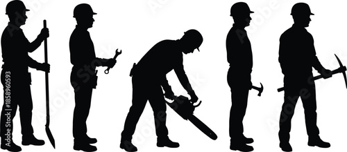 Construction Workers Silhouettes Holding Tools Hammer Wrench Pickaxe Chainsaw Isolated Black Labor Industry Concept Illustration
