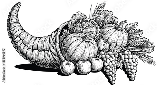 Cornucopia harvest illustration with fruits and vegetables isolated on white background representing abundance thanksgiving agriculture organic food concept