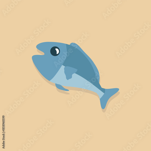 Cute blue fish character in a flat vector style. Minimalist sea animal and healthy protein food illustration isolated on a warm background