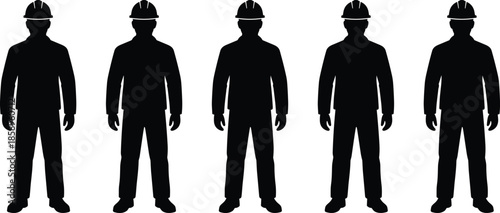 Group of construction worker silhouettes wearing safety helmets isolated on white background representing labor workforce industry teamwork concept
