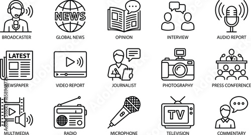News media and journalism line icons set featuring broadcasting, global news, interviews, reporting, multimedia, television, radio concepts for digital platforms