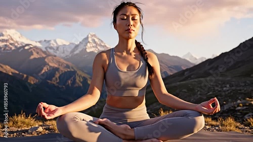 Young Woman Practicing Yoga at Sunrise with Mountain Views, Health and Wellbeing Journey