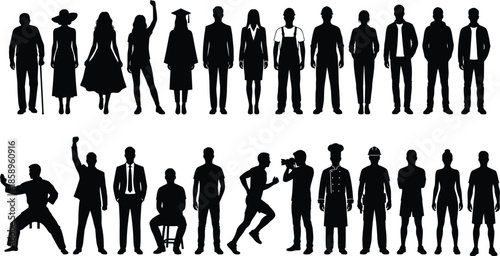People Silhouette Set Showing Different Professions Poses and Lifestyles Isolated Black Human Diversity Society Concept Illustration