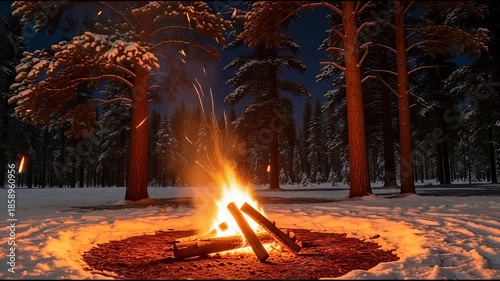 Campfire burning brightly in snowy forest at night with tall trees