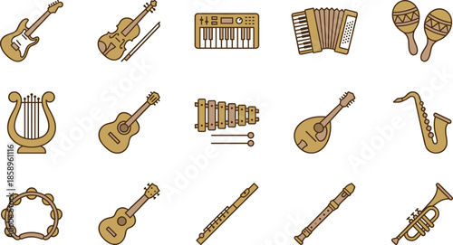 Musical instruments icons set with guitar violin piano accordion percussion wind vector illustration flat design