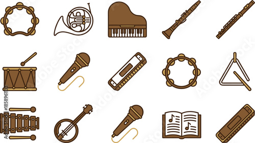 Musical instrument icons set with piano flute clarinet microphone percussion vintage outline vector illustration collection, music education band orchestra design