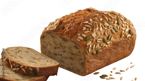 Whole Grain Bread Loaf with Sunflower Seeds and Slices Isolated on White