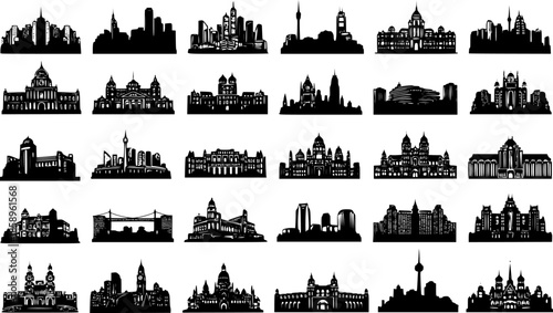 Collection of Famous City Skylines and Iconic Landmarks Black and White Silhouette Vector Set for Travel, Architecture, and Urban Design