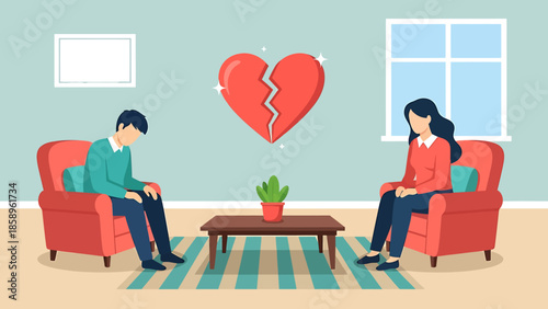 Couple sitting apart with broken heart symbol above.