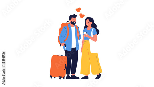 Couple with luggage ready for travel adventure.