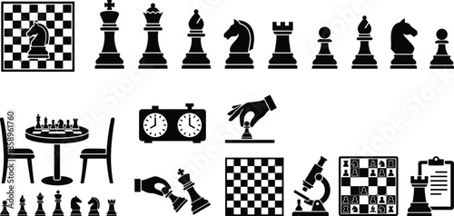 Chess icons set, strategy game symbols, pieces boards clocks moves silhouettes, vector illustration collection, black white tournament education planning design