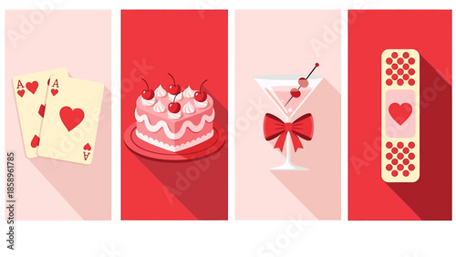 Four Valentines Day themed flat design icons.
