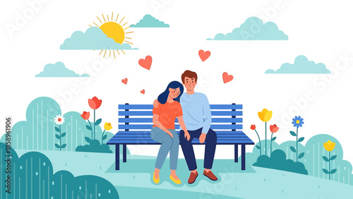 Young couple sitting on a park bench enjoying each others company.