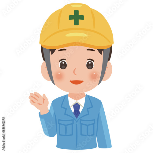 案内する作業服を着てヘルメットを被った男性　上半身イラスト／Man wearing work clothes and a safety helmet guiding or pointing, upper body illustration