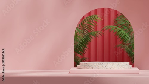 seamless loop shadow animation with green palm doorway pink color, 3d footage render blank mockup of cylinder terrazzo podium