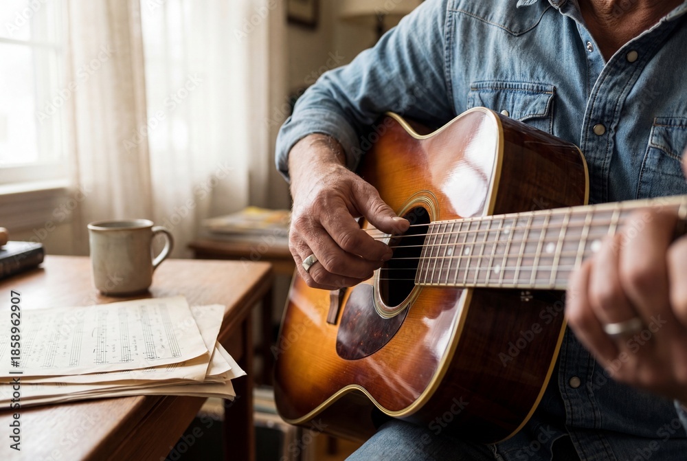 Obraz premium Musician in denim shirt strumming acoustic guitar strings near wooden table with sheet music