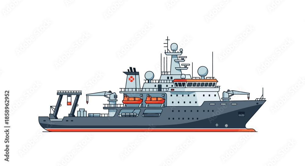 Fototapeta premium Illustration of a research vessel with ship crane and lifeboats