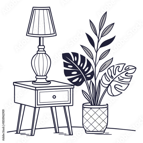 Bedside table with lamp and plant