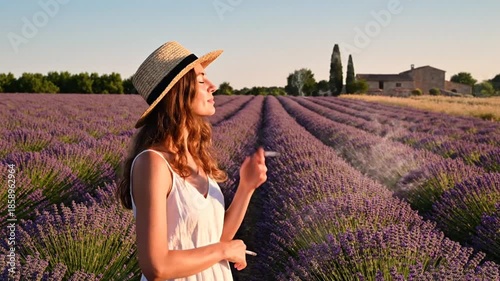 Young woman enjoys a cigarette in a lavender field at sunset, enjoying the tranquility and the