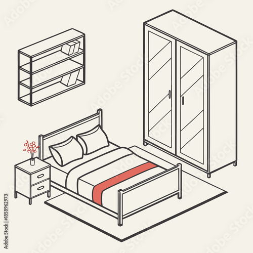 Modern bedroom setup with wardrobe and shelves