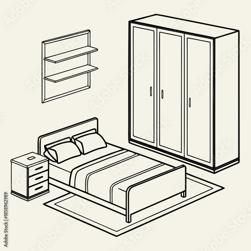 Modern bedroom setup with wardrobe and shelves
