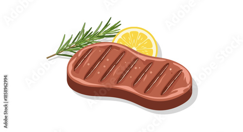 Delicious grilled beef steak with fresh rosemary and a lemon slice