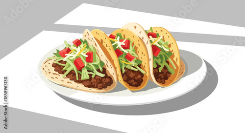 Three delicious tacos with ground beef, lettuce, tomatoes, and cheese on a plate.
